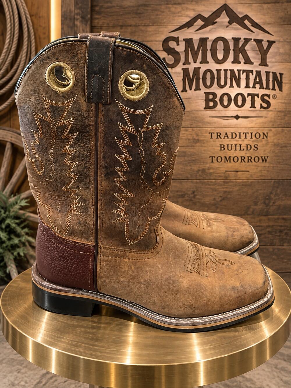 Smoky Mountain 3652 Brown Leather Square Toe Western Boots Youth Size 6R
